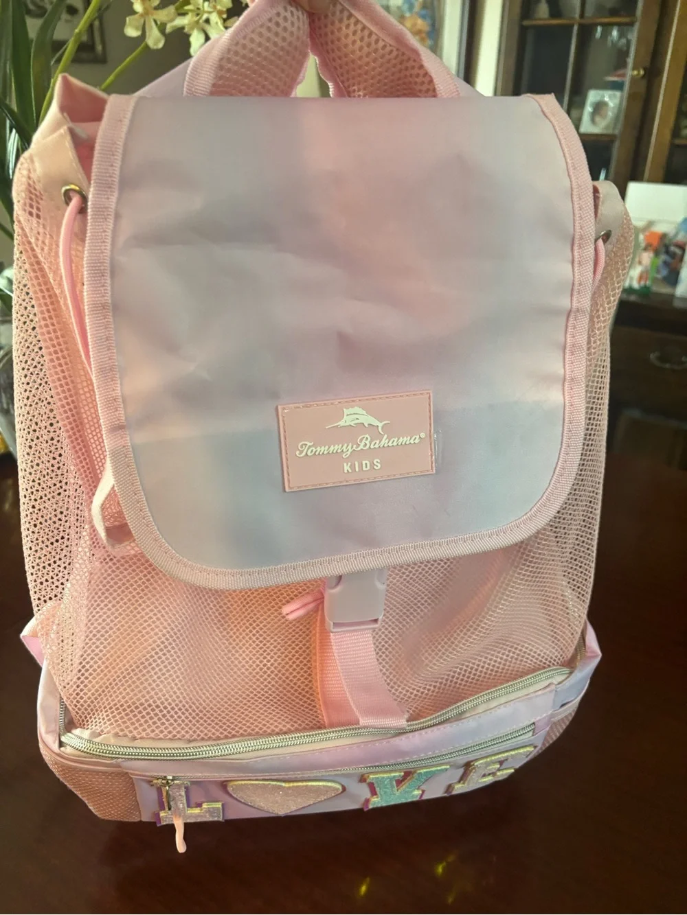 Tommy Bahama Kids Pink Mesh 'LOVE' Backpack/ Insulated Cooler- Beach Bag - NWOT